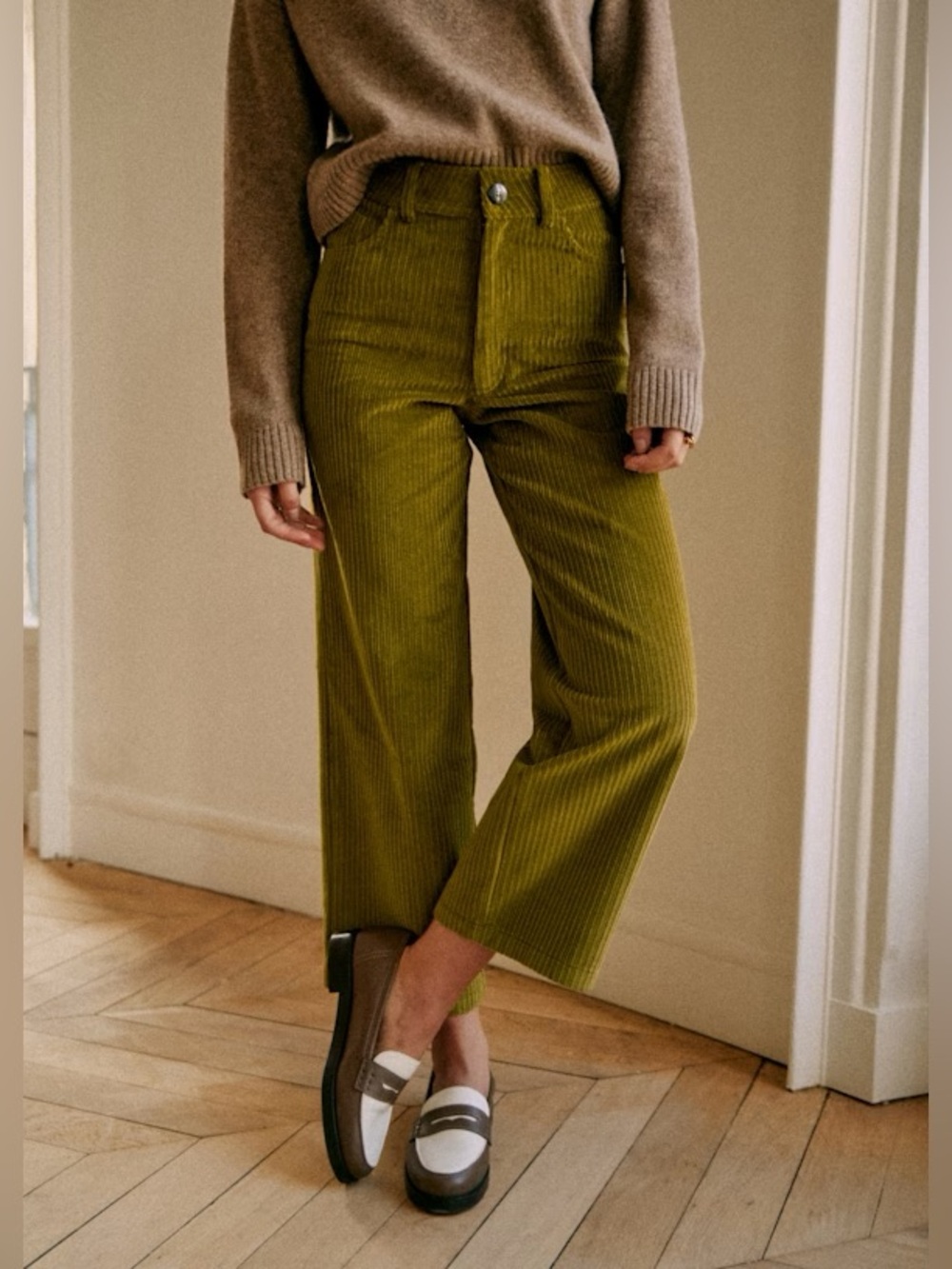 Sezane Le Crop Trousers Meadow Green High Rise Corduroy Pants Wide Leg